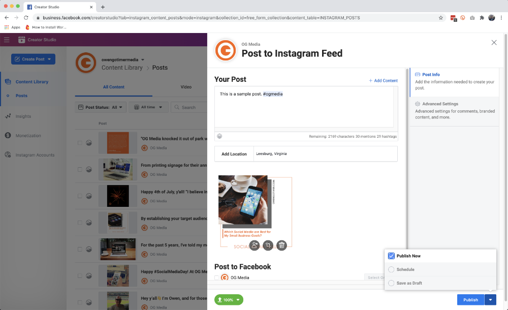 Publish Schedule Save Instagram Post in Creator Studio